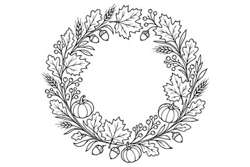 Obraz premium Circular frame composed of fall leaves, wheat stalks, and small pumpkins is illustrated in black ink on a white background.