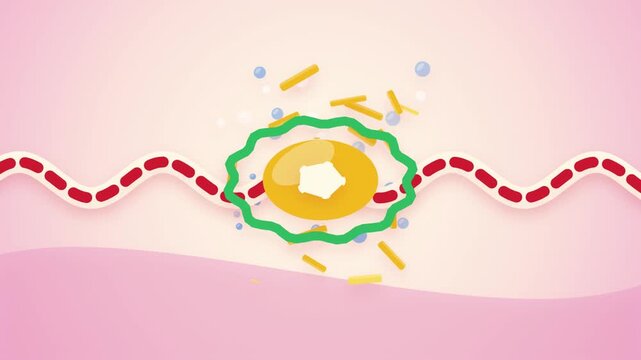 Medical illustration of a biological cell interacting with a wavy pathway in a body