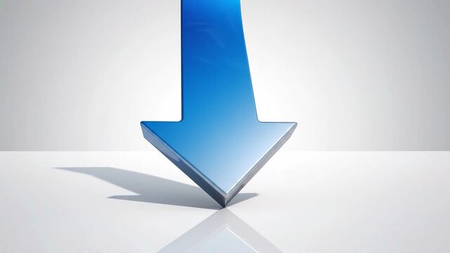 Glossy blue arrow pointing downwards against a clean white background a 3D