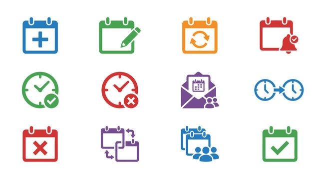 Colorful calendar icon set, 12 scheduling and time management vector symbols, business planning and appointment reminders