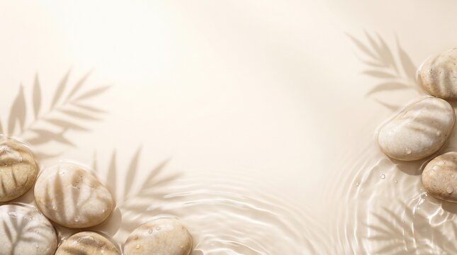 Minimal spa-inspired background featuring smooth natural stones, clear water ripples and soft tropical leaf shadows in a warm neutral setting with generous copy space.