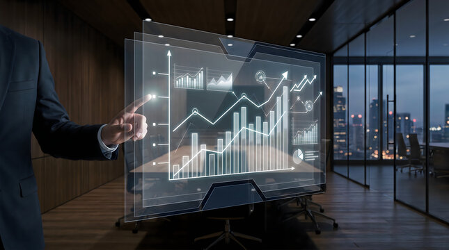 Business professional analyzing data visualization projected from a transparent tablet screen