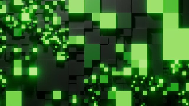 Animated tech background. Green and black glowing cubes digital server network or big data. 3d rendering not AI