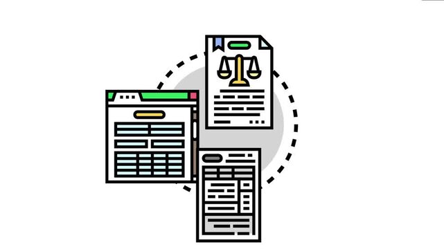 Legal agreement document with scales of justice icon linking to a digital data file and a financial report