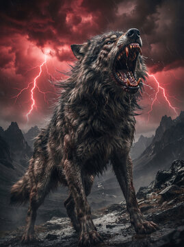 Angry wolf howling under dramatic red sky with lightning and storms