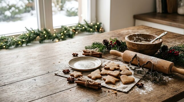 Festive gingerbread cookie baking scene with rolling pin and cookie cutters on rustic wooden table for winter holidays