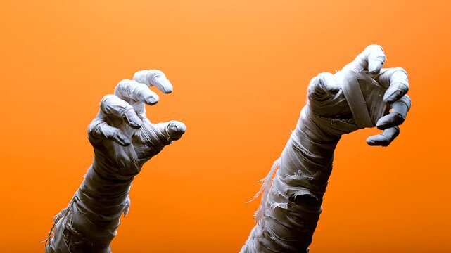 Two mummy hands wrapped in frayed white bandages reaching upward with curled fingers against a vivid orange studio background, aged fabric strips hanging loosely from the wrists, Halloween horror, mum