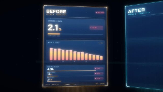 Before and after comparison of conversion rate rising from 2.1 to 5.8 percent with 176 percent lift