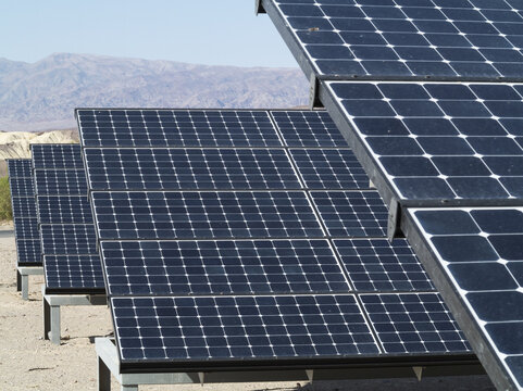 View of solar panels at the Furnace Creek Visitor Center in the desert landscape of Death Valley, California, United States.