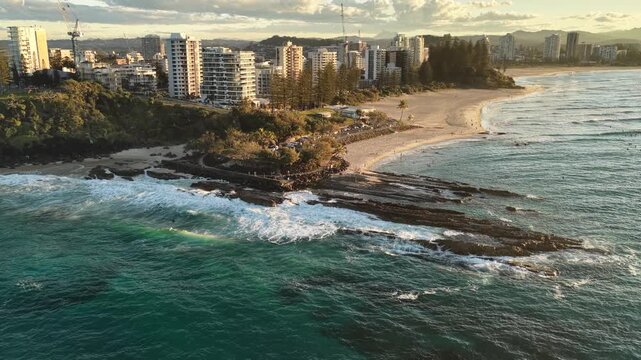 Snapper Rocks and the Coolangatta coastline at sunset, aerial drone footage, Gold Coast, Queensland Australia