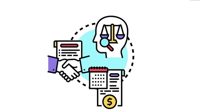 Legal balance system providing services with scales of justice inside a human head, representing agreement terms, financial matters, and important deadlines