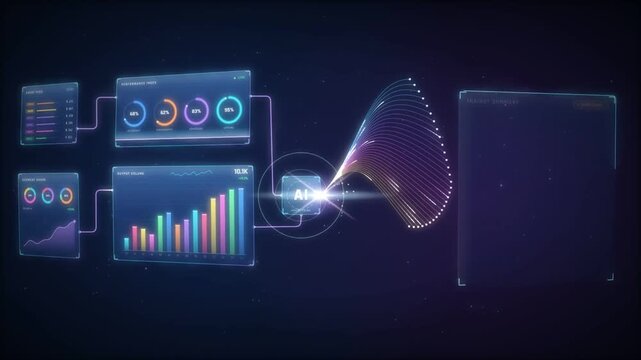 AI insight summary panel built from a flowing code stream with revenue outlook and next actions