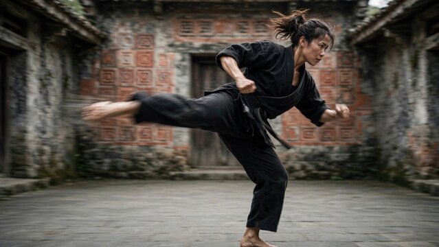 Dynamic Martial Arts Kick in Historic Courtyard