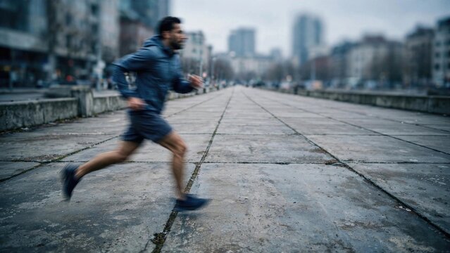 Dynamic Man Running on Urban Bridge Street