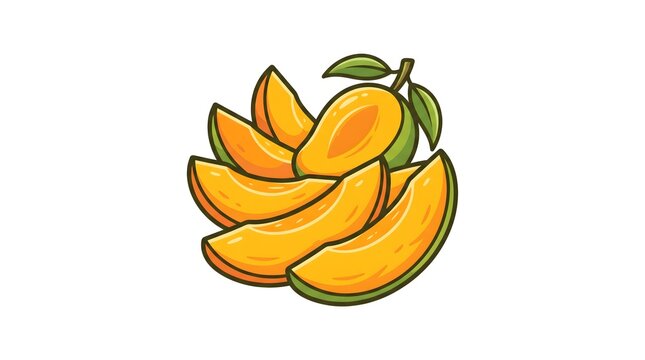  Vector illustration of fresh ripe mango fruit, with one whole cut in half showing the seed and several juicy yellow slices arranged neatly on a white background.