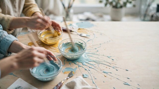 Hands Mixing Paints: Creative Process on Wooden Table