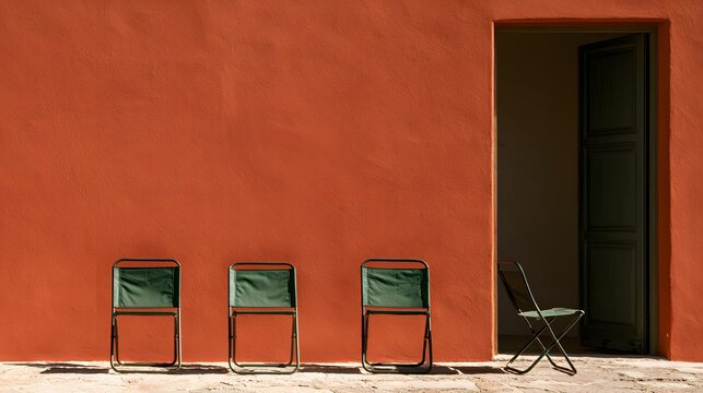 Three green folding chairs arranged beside open doorway against orange wall.