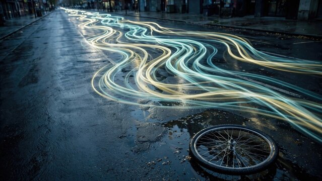 Long Exposure Light Trails on Wet Urban Street at Night