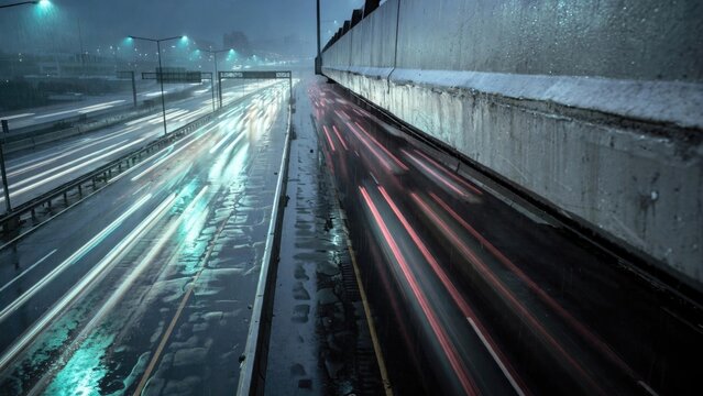 Long Exposure Light Trails on Wet Urban Highway at Dusk