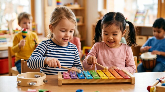 Diverse preschool children playing musical instruments, happy toddlers in music class, colorful xylophone and percussion toys in kindergarten