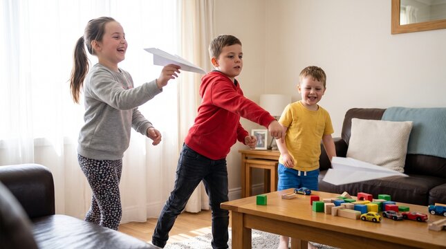 Happy children playing with paper planes in living room, group of young kids having fun at home, siblings enjoying indoor activities and games
