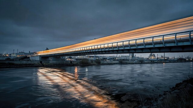 Modern Bridge Crossing River at Dusk Under Dramatic Sky