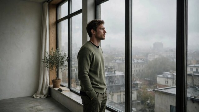 Pensive Man Gazing at Cityscape from Modern Window