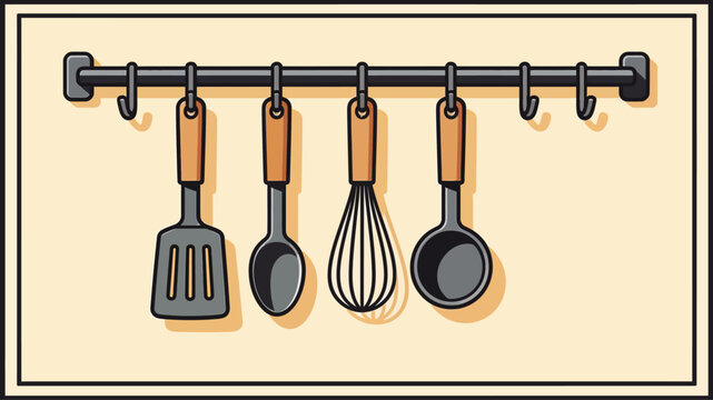 An illustration of common kitchen utensils hanging on a rack, featuring a spatula, whisk, and ladle