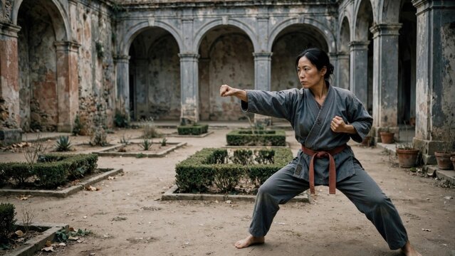 Woman Performing Martial Arts in Ancient Asian Courtyard