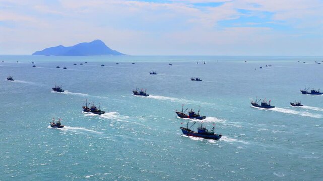 Aerial view of numerous fishing boats sailing out to sea after fishing moratorium in China
Thousands of fishing vessels depart for fishing on the Yellow Sea, Chinese coastal fishery culture