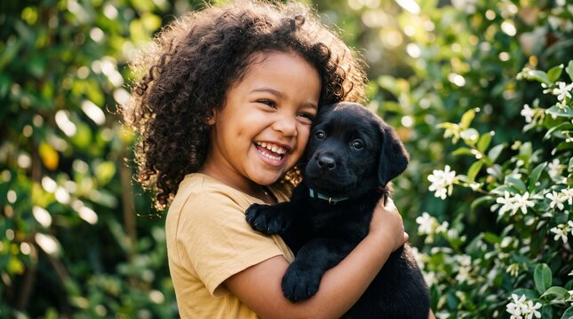 Little girl hugging a black puppy outdoors. Happy child holding a cute dog in a sunny garden