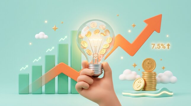 Business growth and investment success concept. Hand holding lightbulb with coins and upward arrow