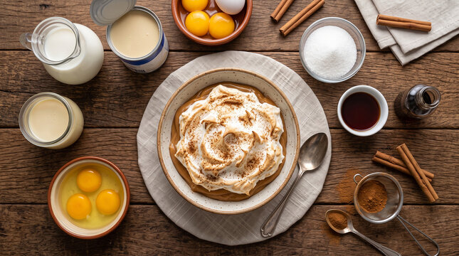 Peruvian Suspiro a la Lime&ntilde;a Dessert with Ingredients, Top View