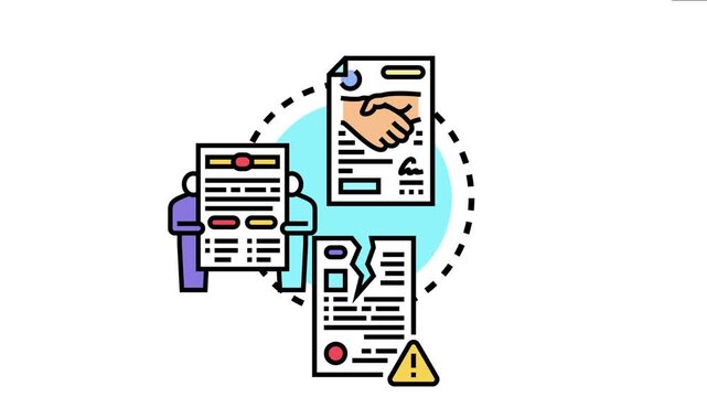 Legal workers classifying different types of contracts, encompassing valid signed agreements, detailed proposals, and problematic fractured documents with warning signs