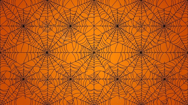Halloween spider web pattern. Seamless black cobweb background on orange gradient. Scary holiday texture