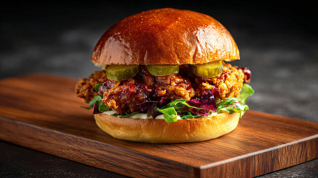 Delicious fried chicken sandwich featuring crunchy pickles and fresh greens served on rustic wood.