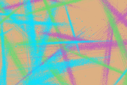 Abstract digital painting with colorful textured lines crossing over a warm peach background.