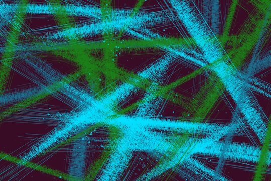 Dense abstract pattern of glowing cyan and green textured lines on dark backdrop.