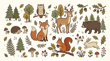 Obraz premium Forest animal and woodland plant collection for rustic nature themed craft projects.