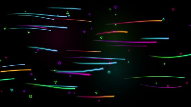Vibrant neon pink speed ribbons and glowing particles undulating across harmonic sine waves on dark space. Seamlessly looping motion graphic ideal for EDM concerts, VJ backdrops, cyber promos, and fut