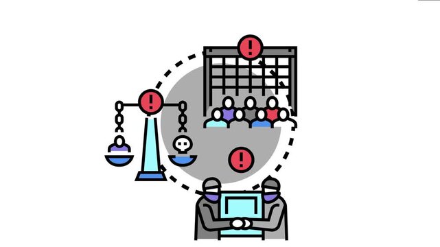 Justice scale balancing victims with criminals while law enforcement prevents illegal acts, symbolizing the legal system protecting society from wrongdoing