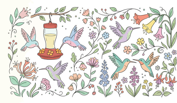 Colorful hummingbird set with floral elements and hanging bird feeder vector.