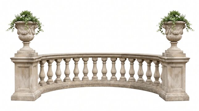 Curved classical stone balustrade railing with decorative urns on white background
