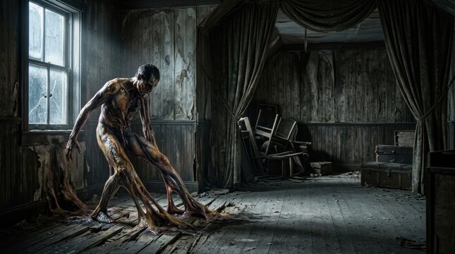 Surreal body horror monster transformation in derelict Victorian attic with copy space