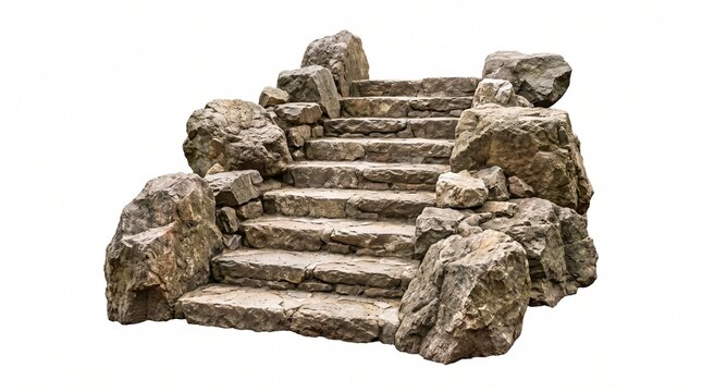 Rustic stone steps built between natural boulders isolated on white background