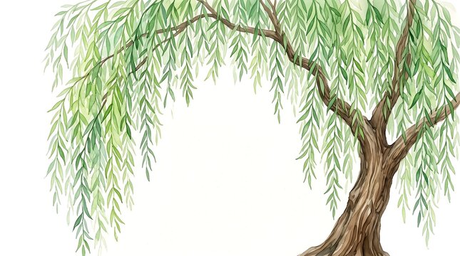 Watercolor illustration of a weeping willow tree isolated on white background
