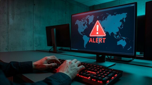 Data breach alert on a monitor above a red backlit keyboard, security breach notification with a warning triangle over a dark world map as hands type in a dim server room at night