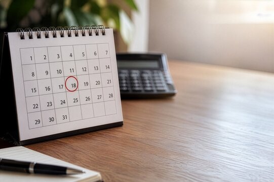 Desk calendar with a plain numeric grid and one date circled in red beside a calculator, due date and deadline reminder on a wooden office table with copy space