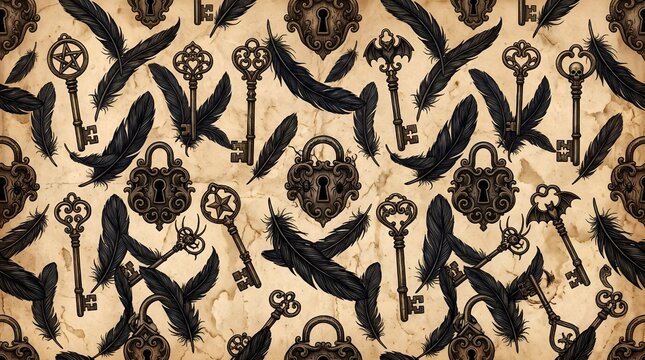 Vintage Halloween pattern featuring black keys, ravens, pumpkins, and mysterious botanical motifs on a neutral background.