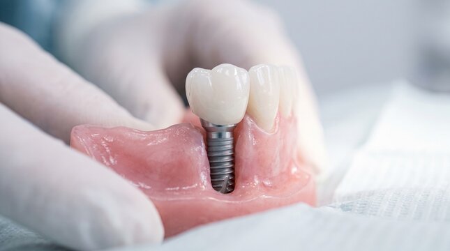 Dental implant procedure concept. Dentist holding a dental model with a titanium screw and crown